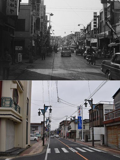 上：混雑を極めた小名浜本町通り〔昭和43(1968)年3月、いわき市撮影〕　下：う回路が整備され、加えて街の空洞化により往来が少なくなった小名浜本町通り〔平成28（2016）年3月、いわき市撮影〕