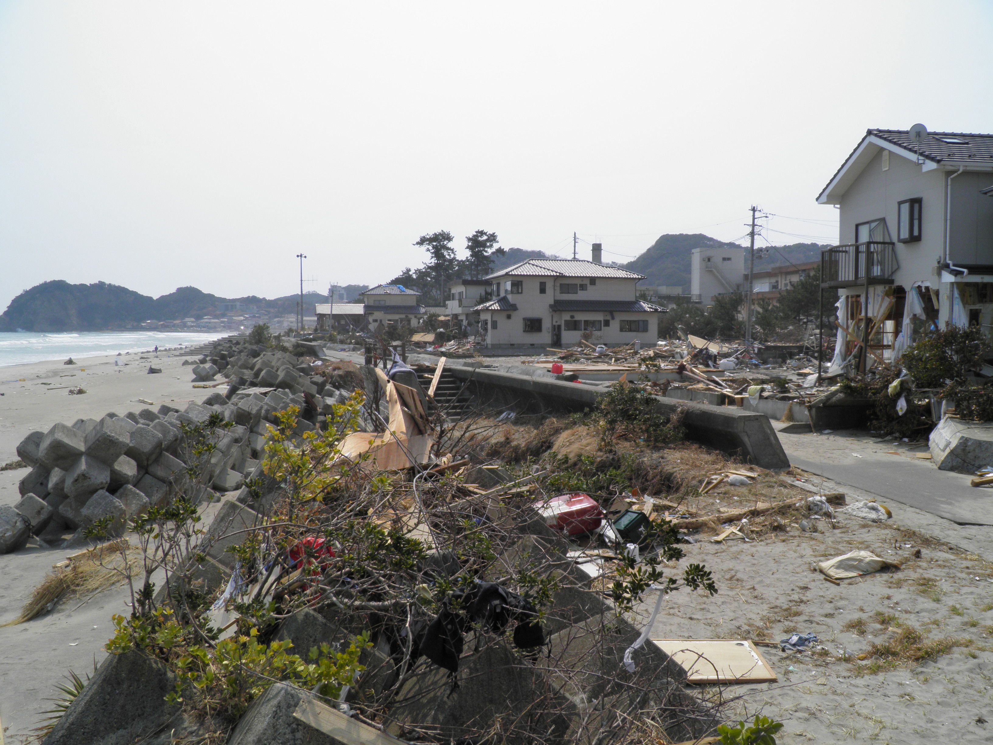 11 大日本大震災によって、県道豊間-四倉線沿いの防潮堤や内側の家屋が被災(平成23年3月30日、いわき市撮影)
