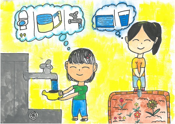 佳作　平五小学校　高山奈々子「水やりをやりながら水道のことをそうぞう」