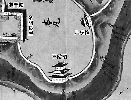 磐城平城における三階櫓の位置　建物の真下に堀がめぐらされているのがわかる。〔延宝8(1680)年　「磐城国平城(内)修理下絵図」から引用〕