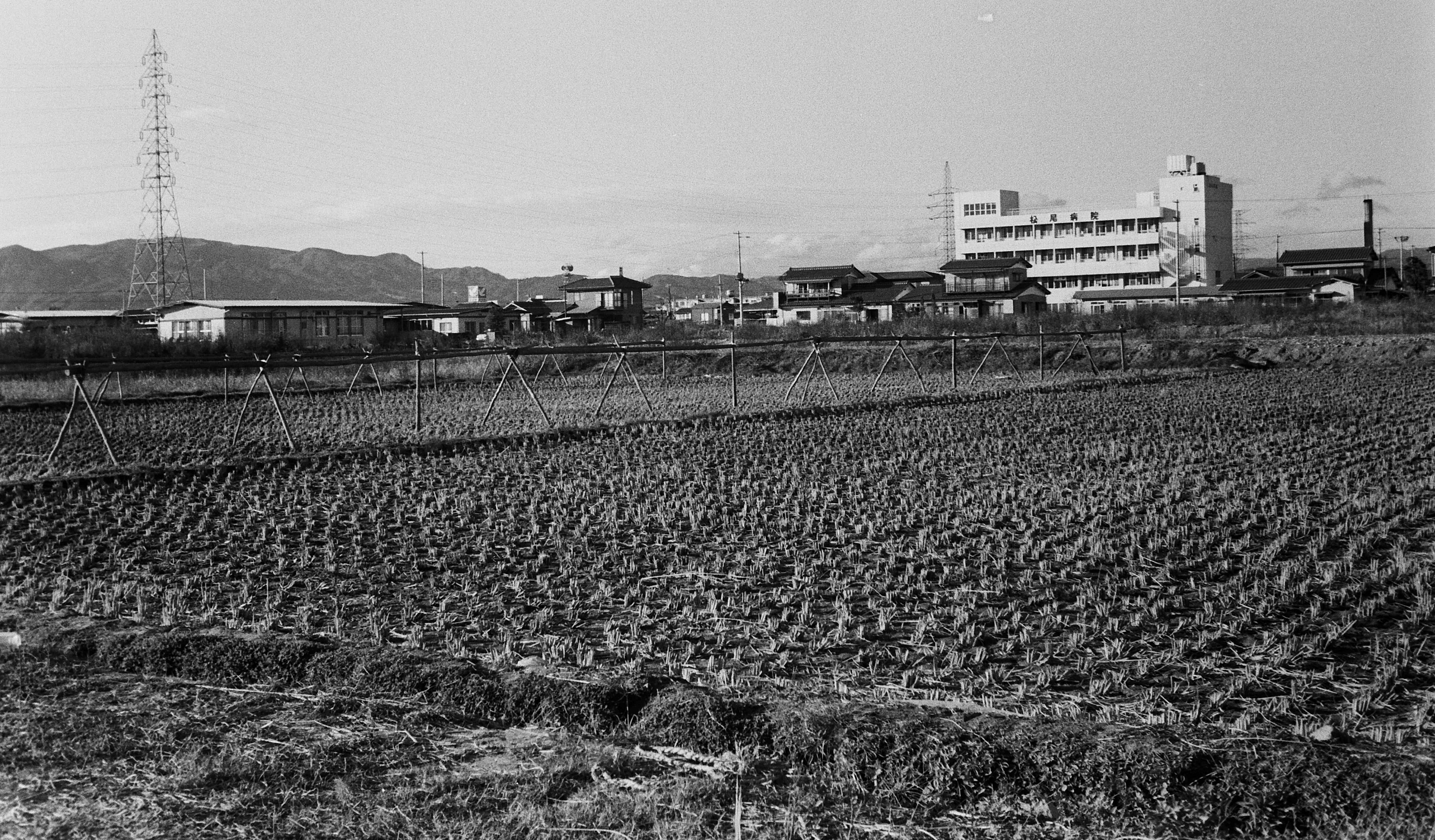 6.■写真3-1　北白土に押し寄せる都市化の波　写真右に松尾病院の建物、左遠方にNTTの鉄塔が見える。　〔昭和52(1977)年11月　いわき市撮影〕