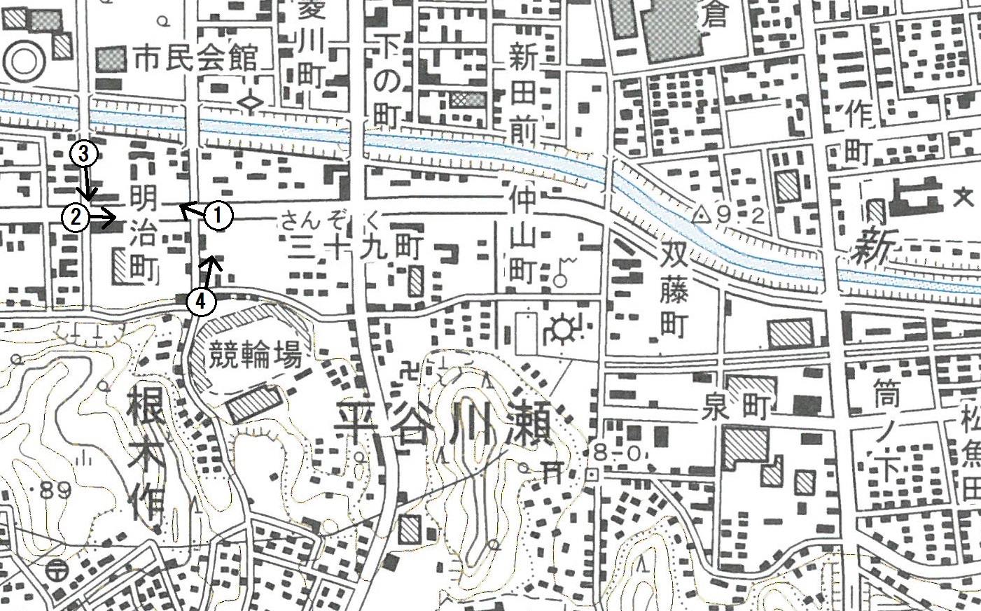 2.■地図4　平谷川瀬および周辺　道路が整備され、宅地化が進んだ。　〔1.25,000地形図　平(平成18年更新)　国土地理院発行〕
