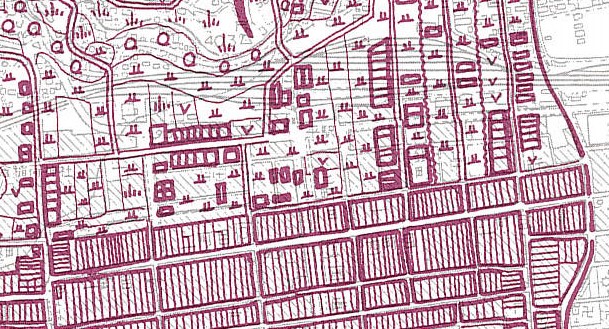■図　平市街の地籍図から見る土地利用図（明治18年）　〔『福島の歴史地理研究』から引用〕