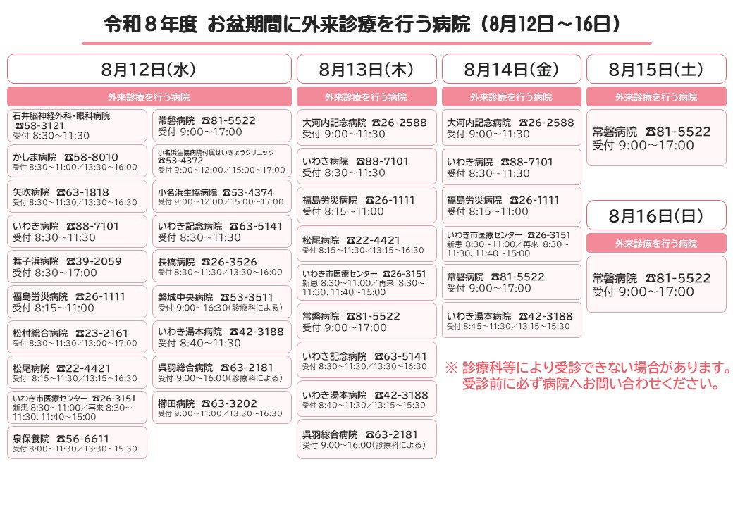 お盆期間に診療を行う病院