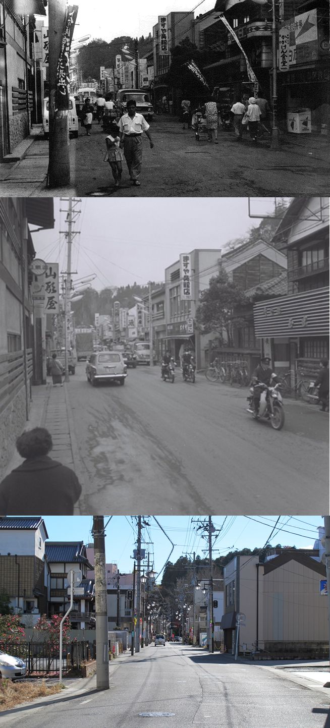 写真02-1(上)　表町通り－写真左が山形屋、右が三函座入口－〔昭和35(1960)年頃、大平喜一氏撮影〕写真02-2(中)　同上〔昭和39(1964)年、常磐市撮影〕写真02-3(下)　表町通り－山形屋、三函座は姿を消した現在の通り－〔平成29(2017)年、菅波晋氏撮影〕