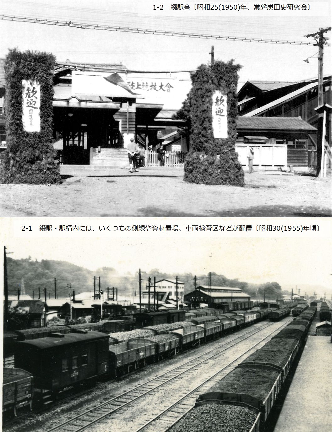 (上)写真01-1　綴駅舎〔昭和25(1950)年、常磐炭田史研究会〕(下)写真02-1　綴駅・駅構内には、いくつもの側線や資材置場、車両検査区などが配置〔昭和30(1955)年頃〕