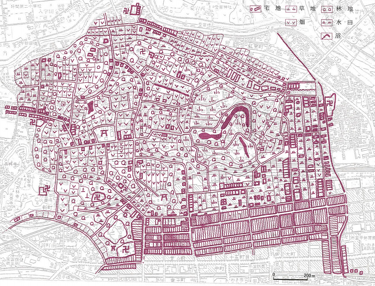 地図1　平市街(北目村)の地籍図・土地利用図(明治18年、『福島の歴史地理研究』から引用)