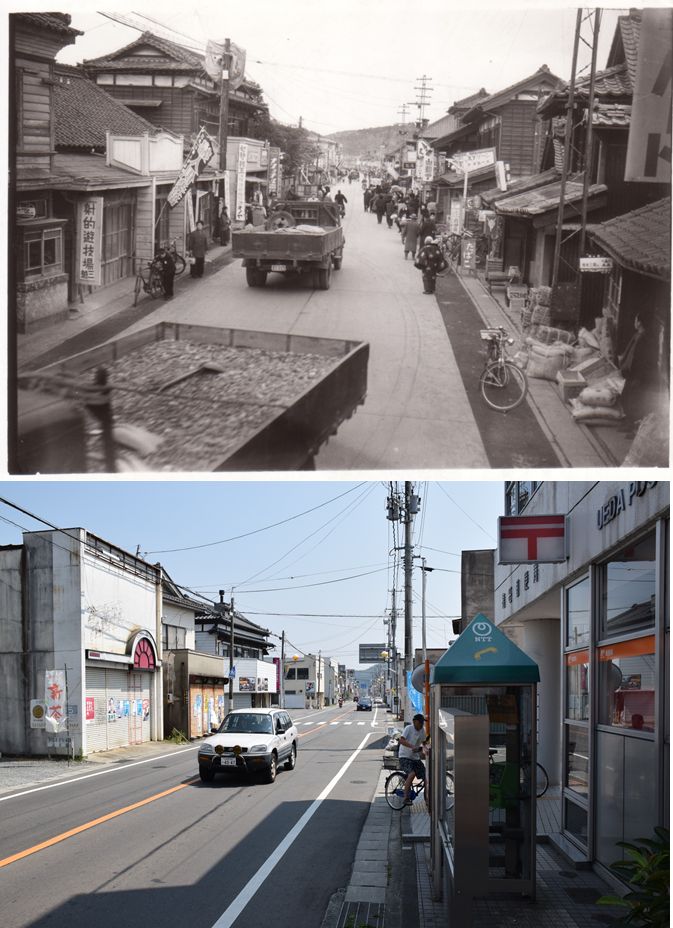 植田本町通り　金山町方向を見る〔昭和28(1953)年頃、長谷川達雄氏撮影〕