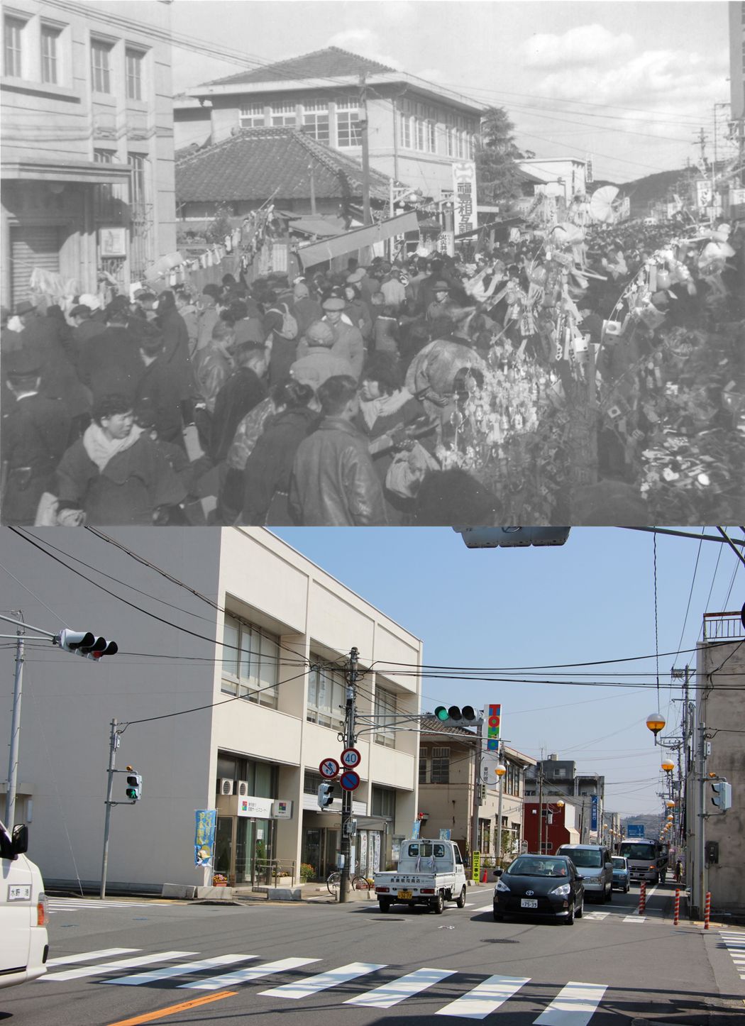 3-1 植田本町通りの暮市　東邦銀行植田支店付近・金山町方向を見る〔昭和31(1956)年2月、長谷川達雄氏撮影〕