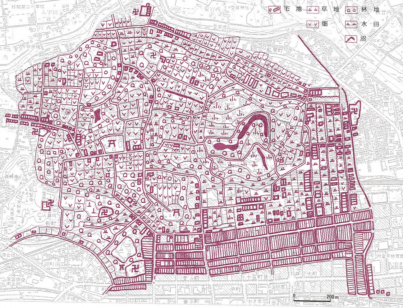 平市街(北目村)の地籍図・土地利用図(明治18年)『福島の歴史地理研究』から引用