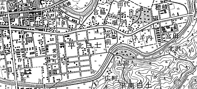 3.■地図2  北白土を中心に「平東部土地区画整理事業」(昭和48～59年)が施行　〔1.50,000地形図　平(昭和51年測量)  国土地理院発行〕