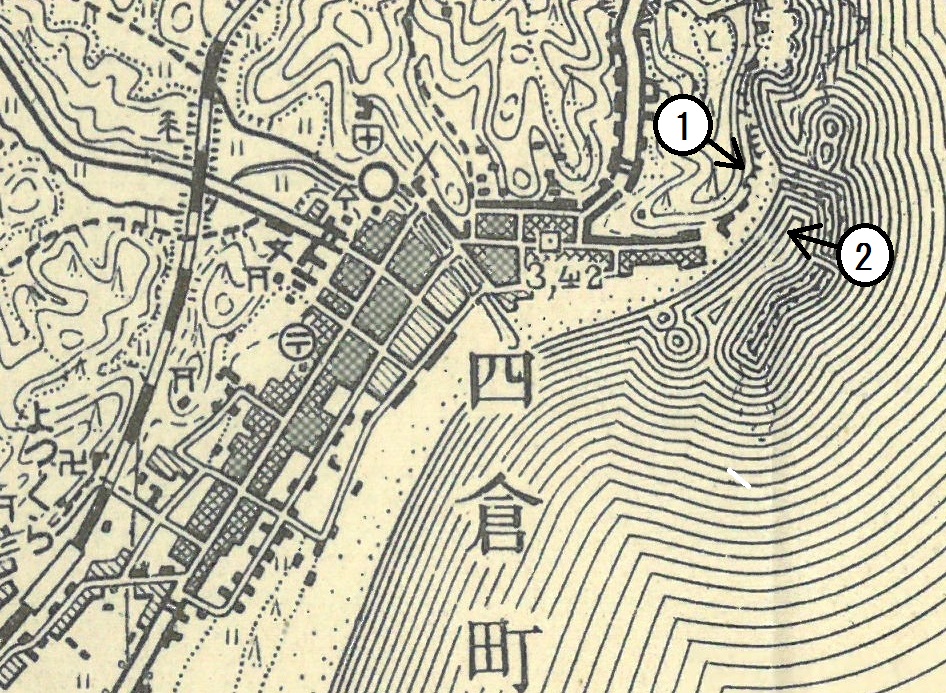 四倉港 　岩礁と砂浜の境目が自然の港。　〔1.50,000地形図　平(明治41年測図)　国土地理院発行〕