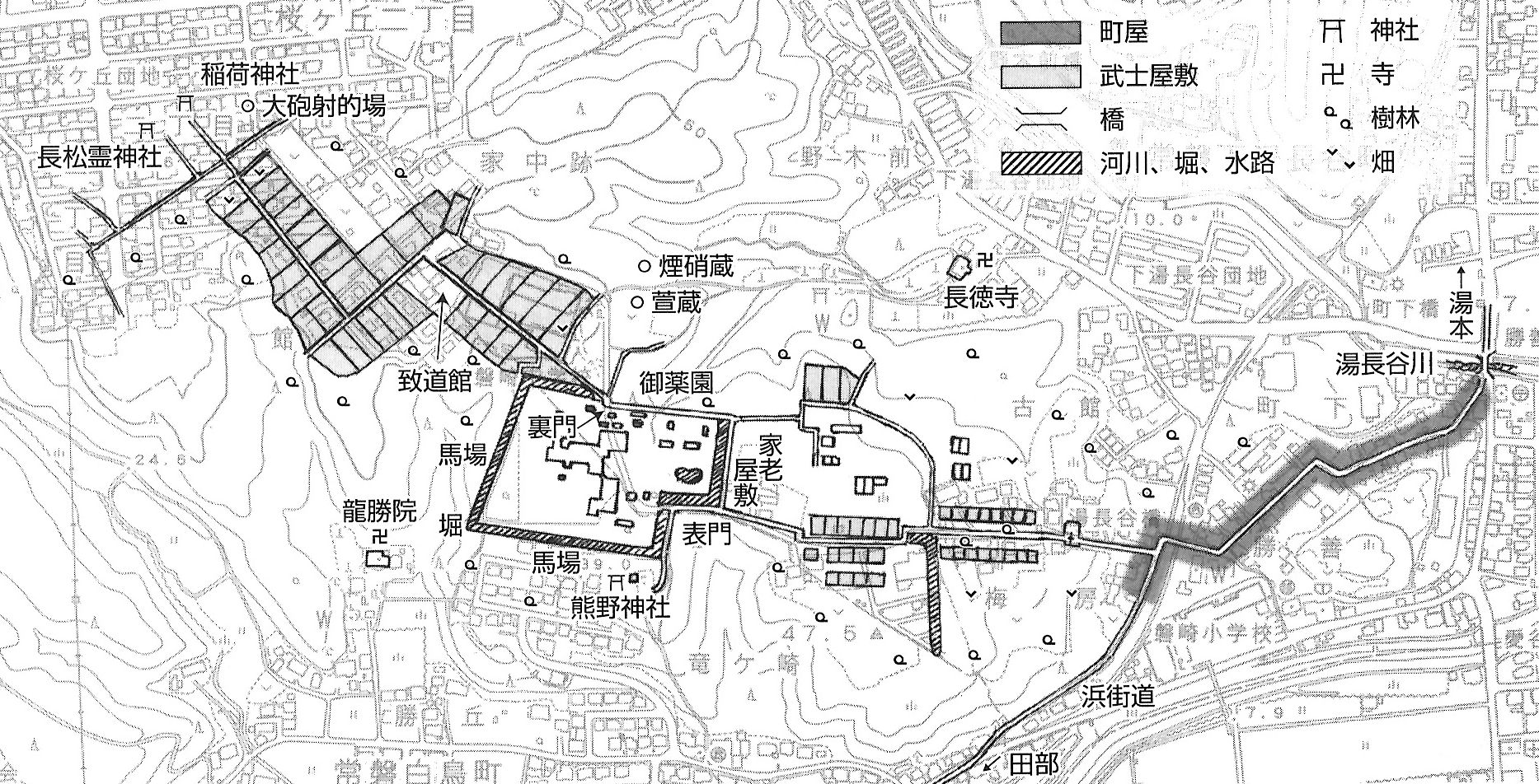 湯長谷藩の城下配置図（概念図）　城郭の外側に堀、武家屋敷、さらに町人屋敷を配置した。　〔1:10,000地形図　いわき都市計画図（平成19年作成）／「磐城湯長谷藩御陣屋絵図（明治4年作成）〕