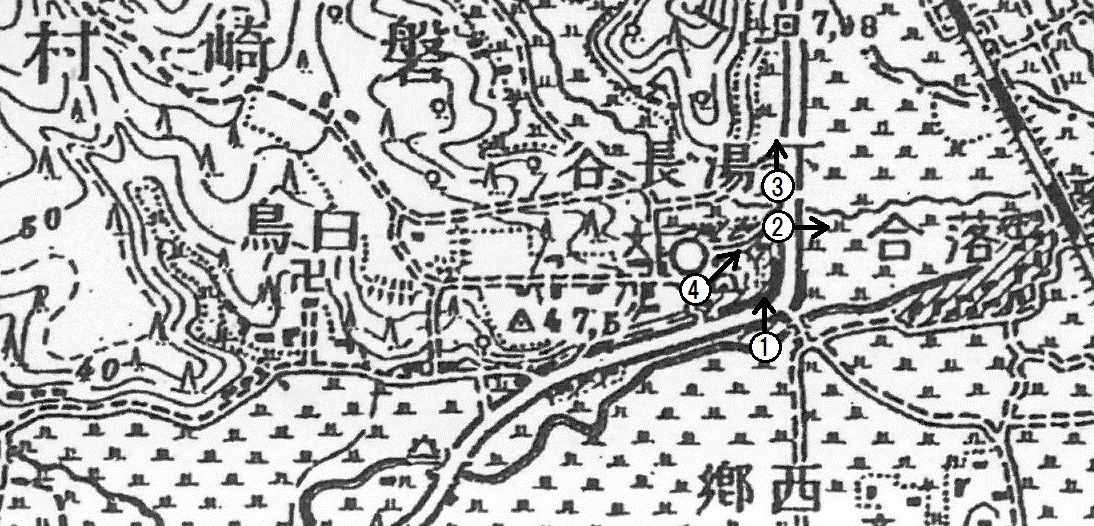 地図1 磐崎村大字下湯長谷および周辺　〔1.50,000地形図　小名浜(明治41年測図)　国土地理院発行〕