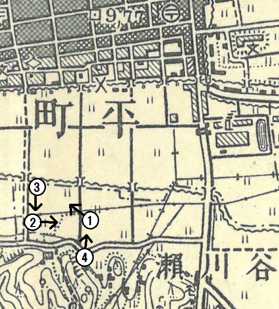 3.■地図2　飯野村大字谷川瀬および周辺　新川(現新川緑地)まで市街地が拡大。河川ルートを南方の古川に付け替える計画が検討される。　〔1.50,000地形図　平(昭和8年要部修正測図)　国土地理院発行〕