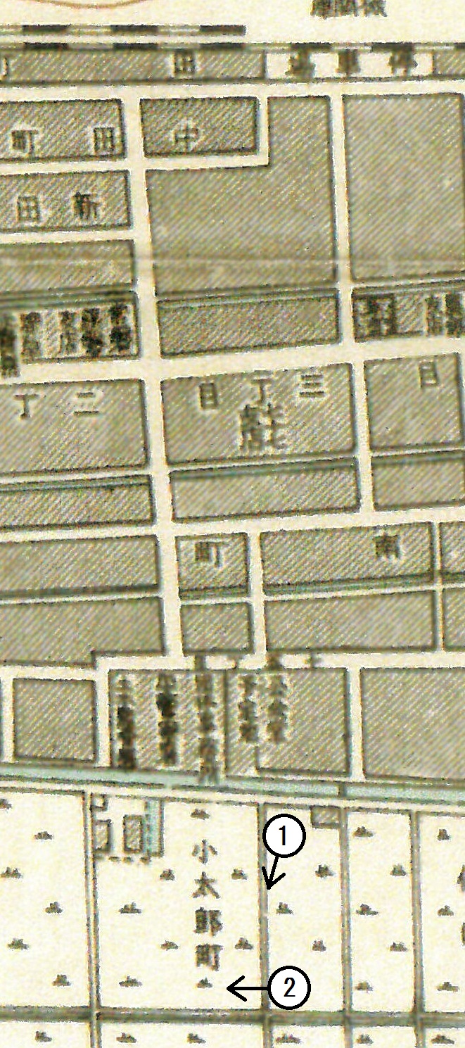 ■地図2  江戸時代から引き継がれた平市街は東西の通りを基本として、南北、特に駅前からの道路網は乏しく　〔8,000分の1／昭和7年(1932)頃・原寸×0.87)