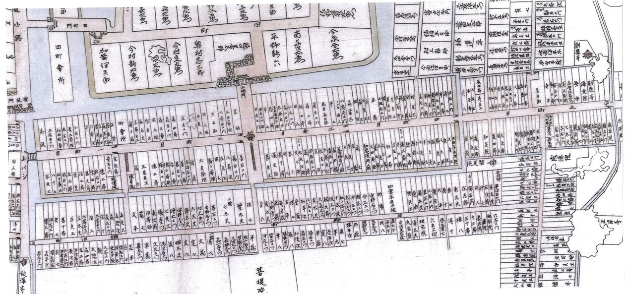 ■図　平市街の地籍図から見る土地利用図（明治18年）　〔『福島の歴史地理研究』から引用〕